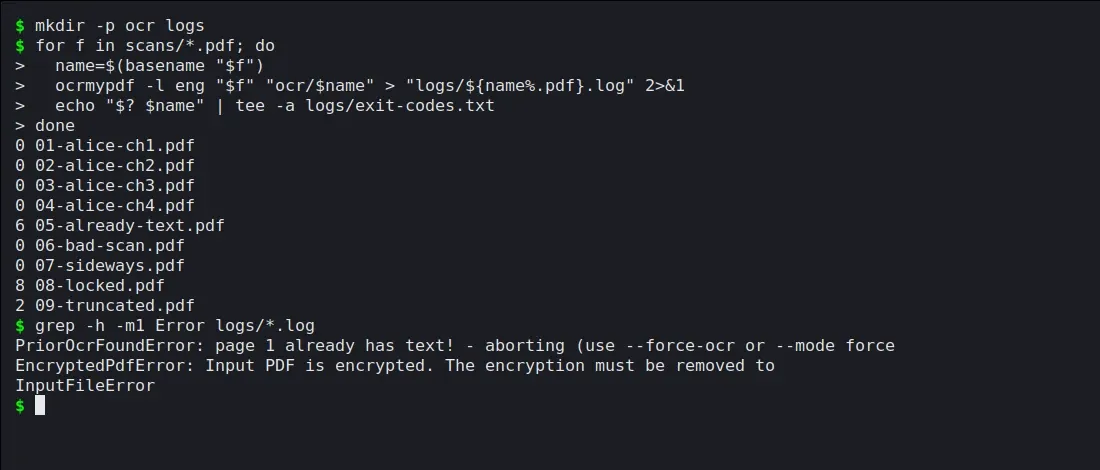 Terminal showing the batch loop and its output. Nine files with exit codes 0, 6, 0, 0, 8 and 2, followed by three error lines from the log files.