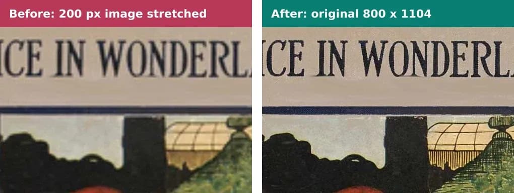 Two crops of the same book cover at full size. The left one is soft and blocky, the right one is crisp.