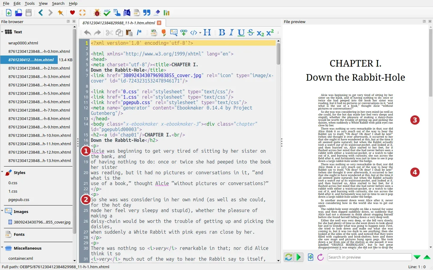 Calibre 9.15 editor with chapter 1 open. Numbered markers show a misspelled name, a doubled word, tiny preview text and a duplicated paragraph.