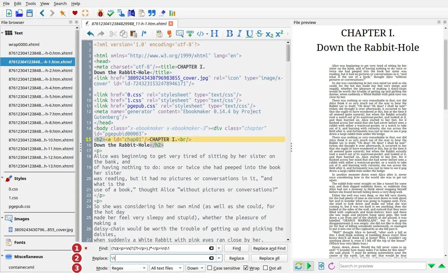 Calibre Find and Replace bar in regex mode with the duplicate paragraph pattern typed in, scope set to all text files.