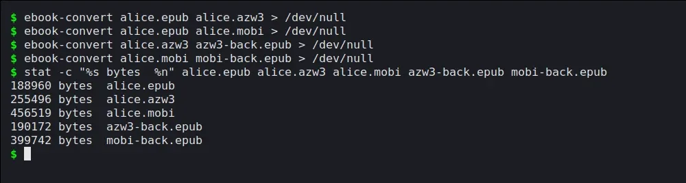 Terminal showing four ebook-convert commands and the resulting file sizes in bytes.