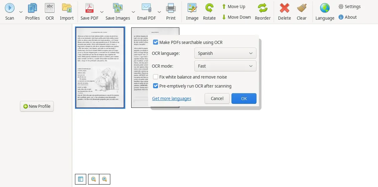 NAPS2 window with two imported pages and the OCR Setup dialog open. Make PDFs searchable using OCR is ticked and the language is Spanish.