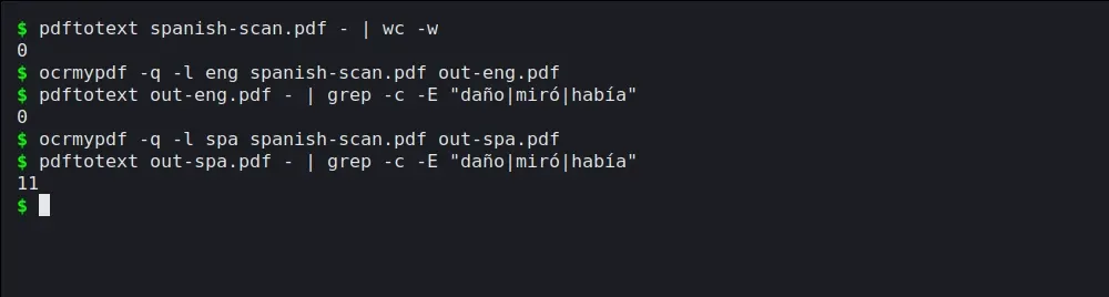 Terminal output. An image-only Spanish PDF gives 0 words. OCR with the English setting finds 0 of three accented test words, and with the Spanish setting finds 11.
