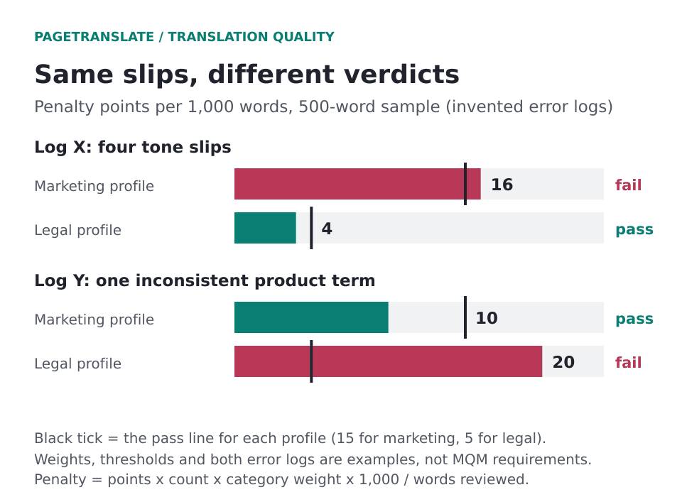 Bar chart with two error logs scored under marketing and legal weights. Log X fails marketing at 16 and passes legal at 4. Log Y passes marketing at 10 and fails legal at 20.