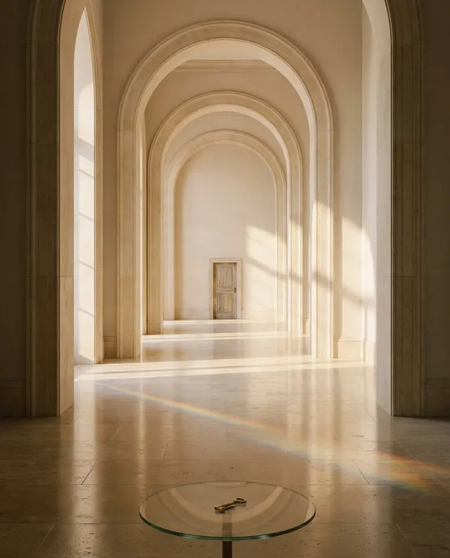 A long hall of stone arches with a tiny door at the end and a golden key on a glass table