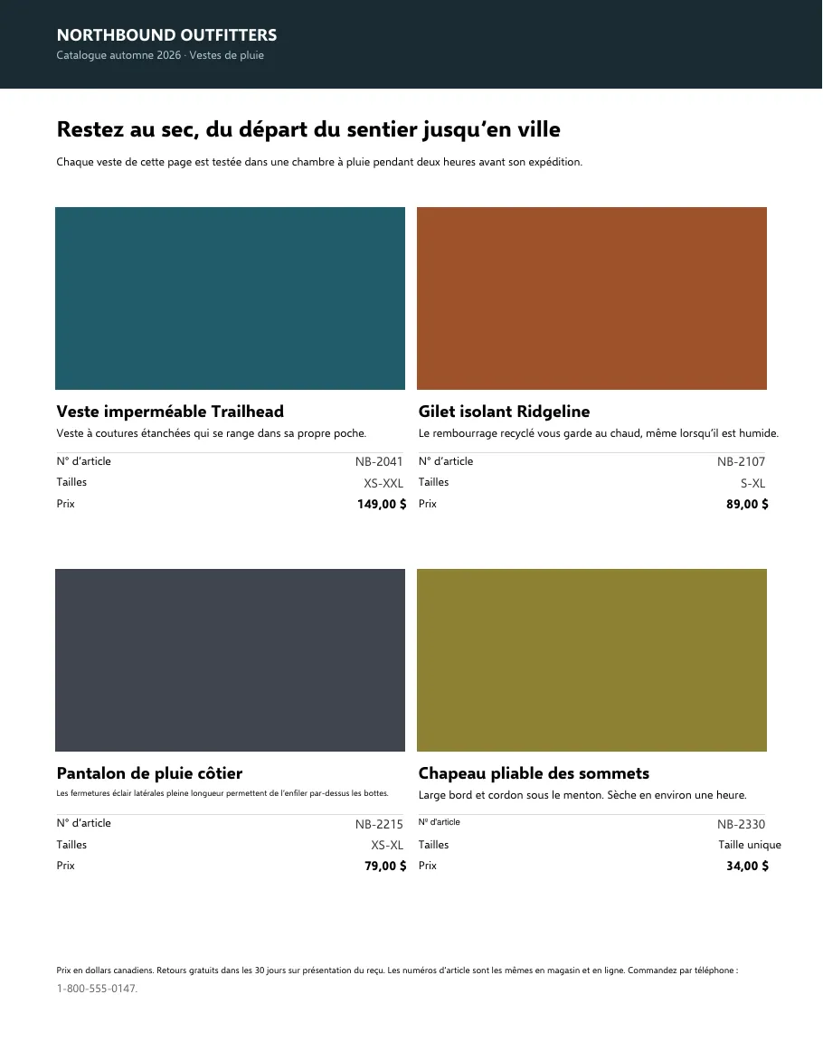 Français translation: A catalog page, in French