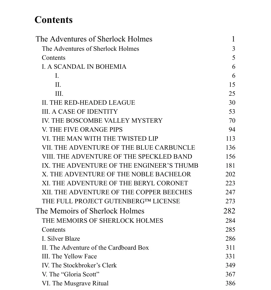 calibre's contents page for the merged Sherlock Holmes EPUB: The Adventures of Sherlock Holmes at page 1 with its twelve stories, then The Memoirs of Sherlock Holmes at page 282