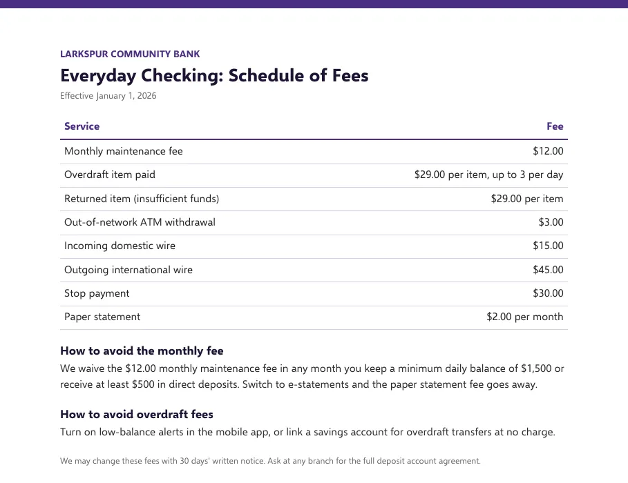 English original: a checking account fee schedule