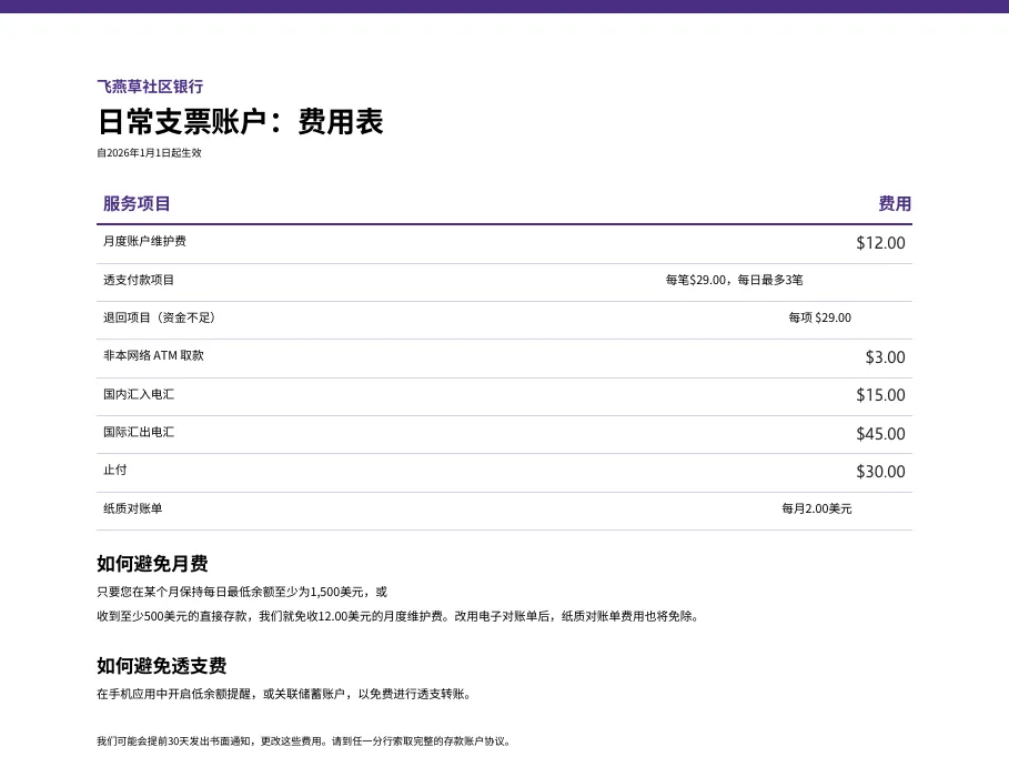 Chinese translation of the same fee schedule