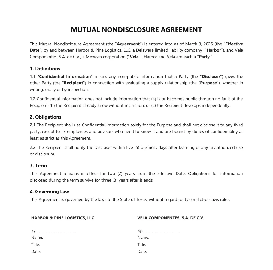 English original of the mutual nondisclosure agreement