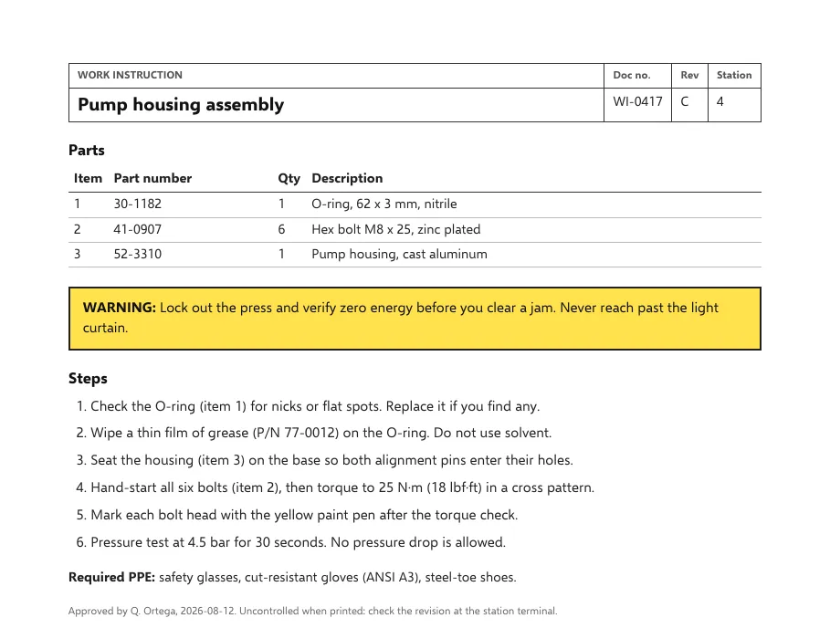 English original of the pump housing work instruction