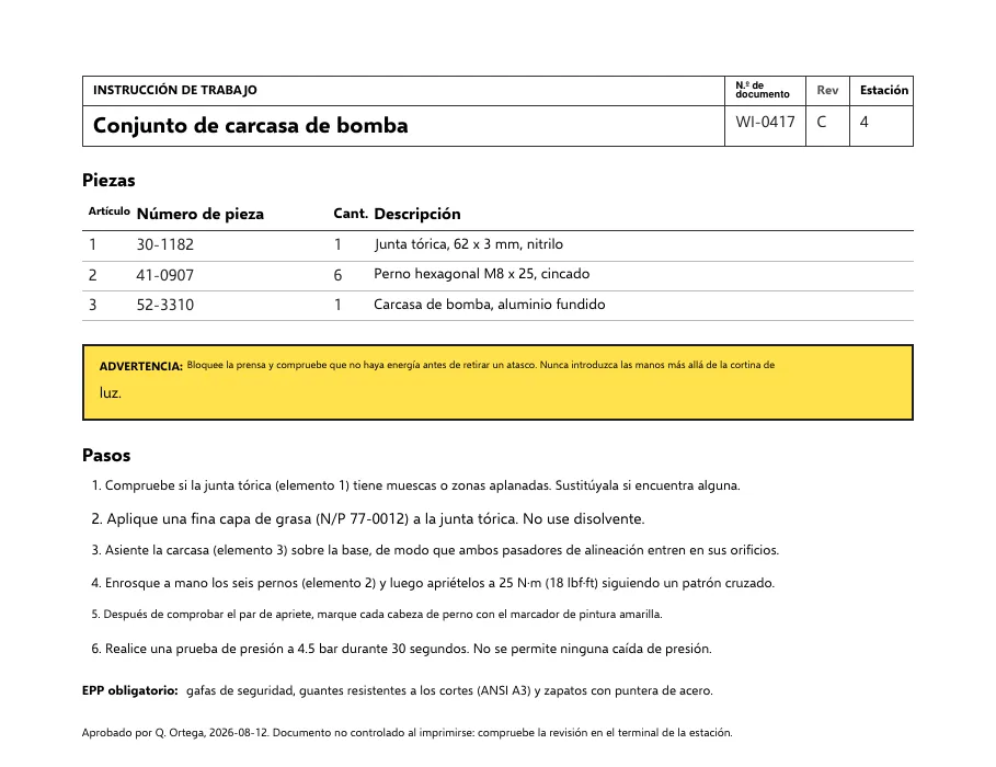 Spanish translation of a pump housing work instruction